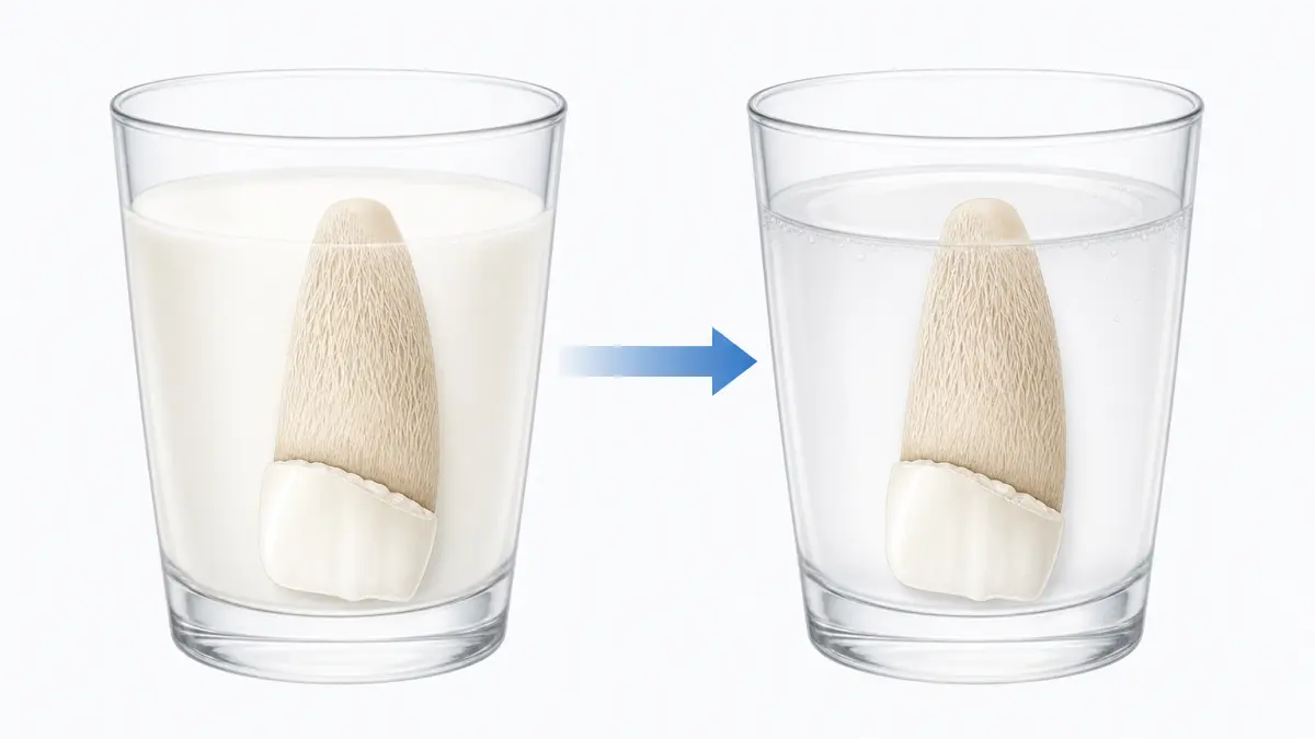 牛乳と唾液、どちらに浸しても歯根膜が同様に保護される様子を示す比較図